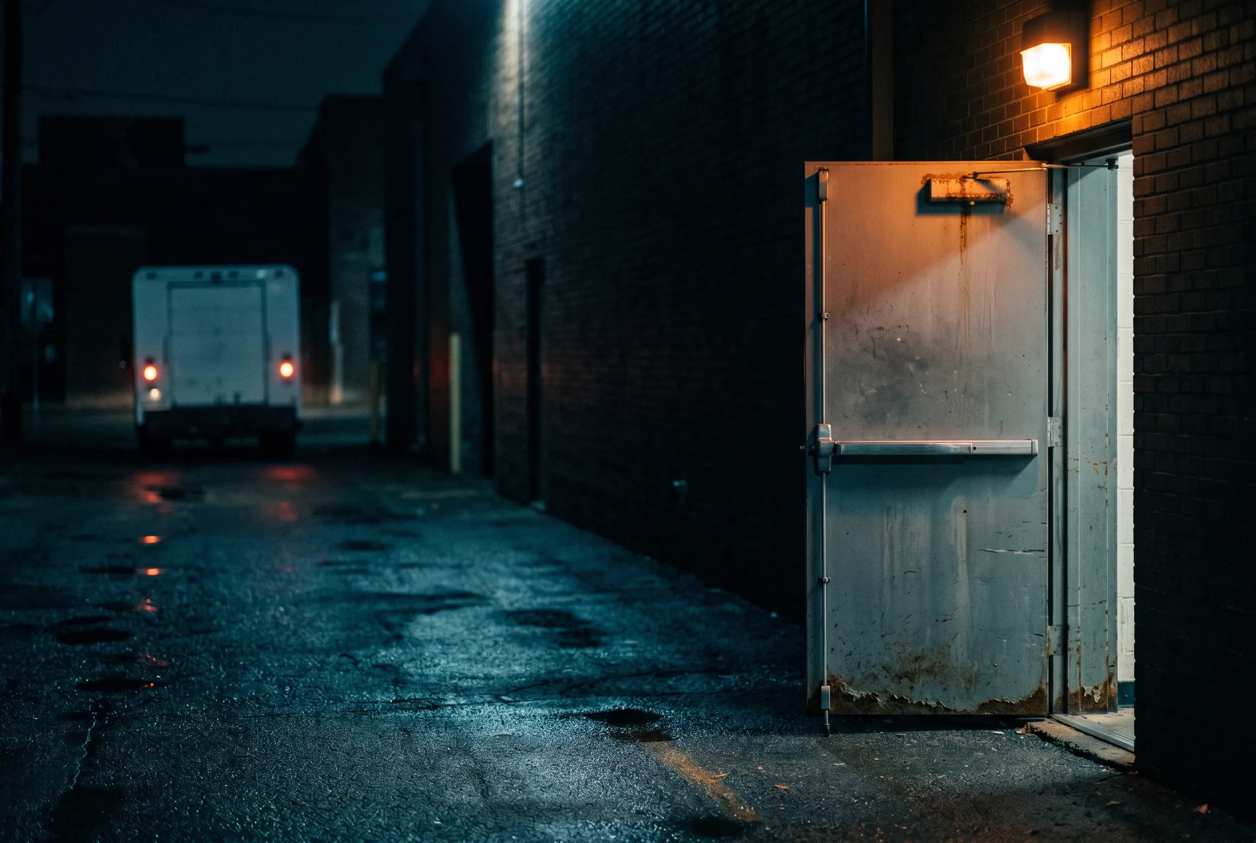 Commercial rear-entry door at night in a wet back alley, emergency light spilling through the gap, a service truck silhouetted in the background