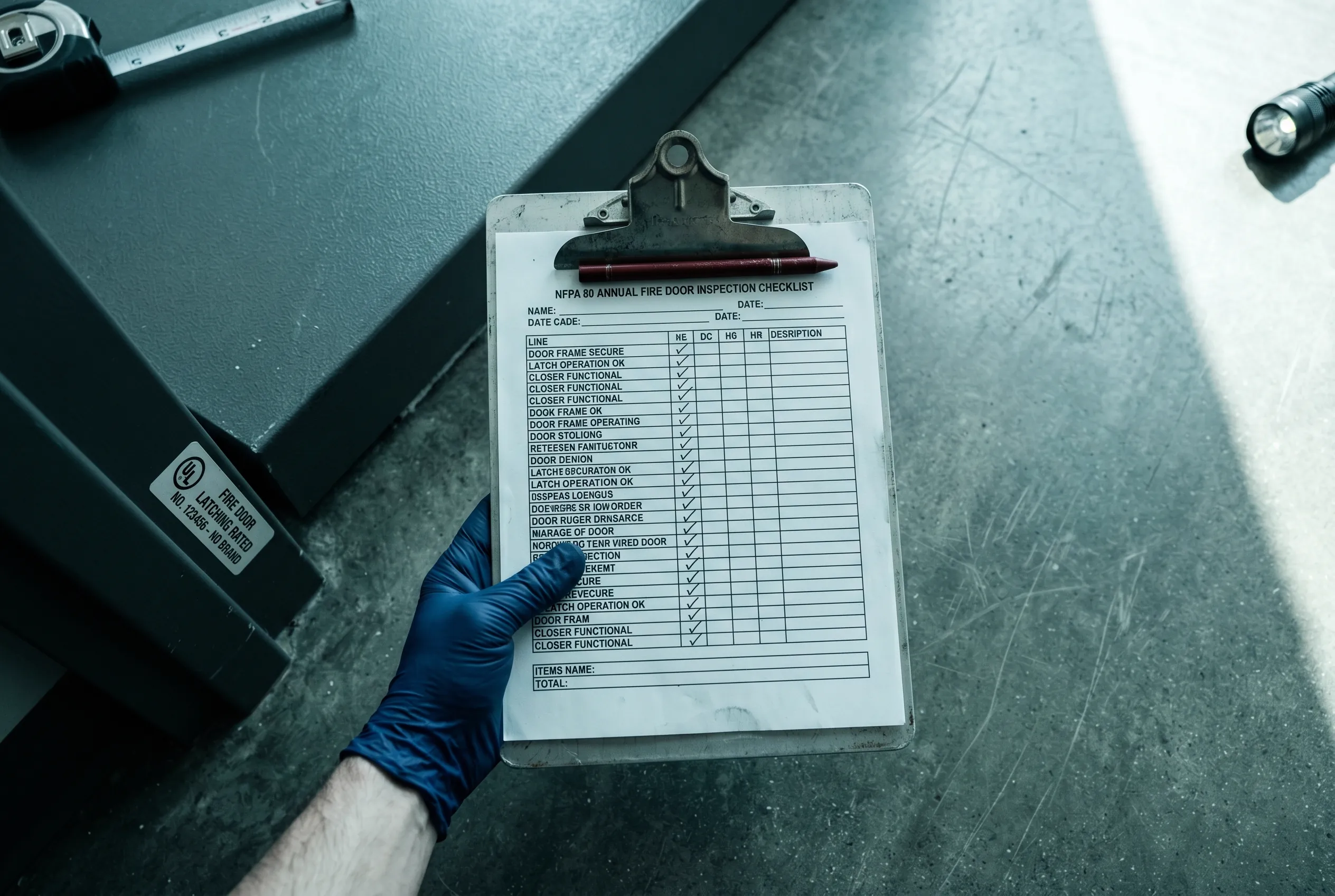 Gloved hand with an NFPA 80 fire-door inspection checklist on a metal clipboard, tools partially visible in the frame, cool daylight on a concrete floor