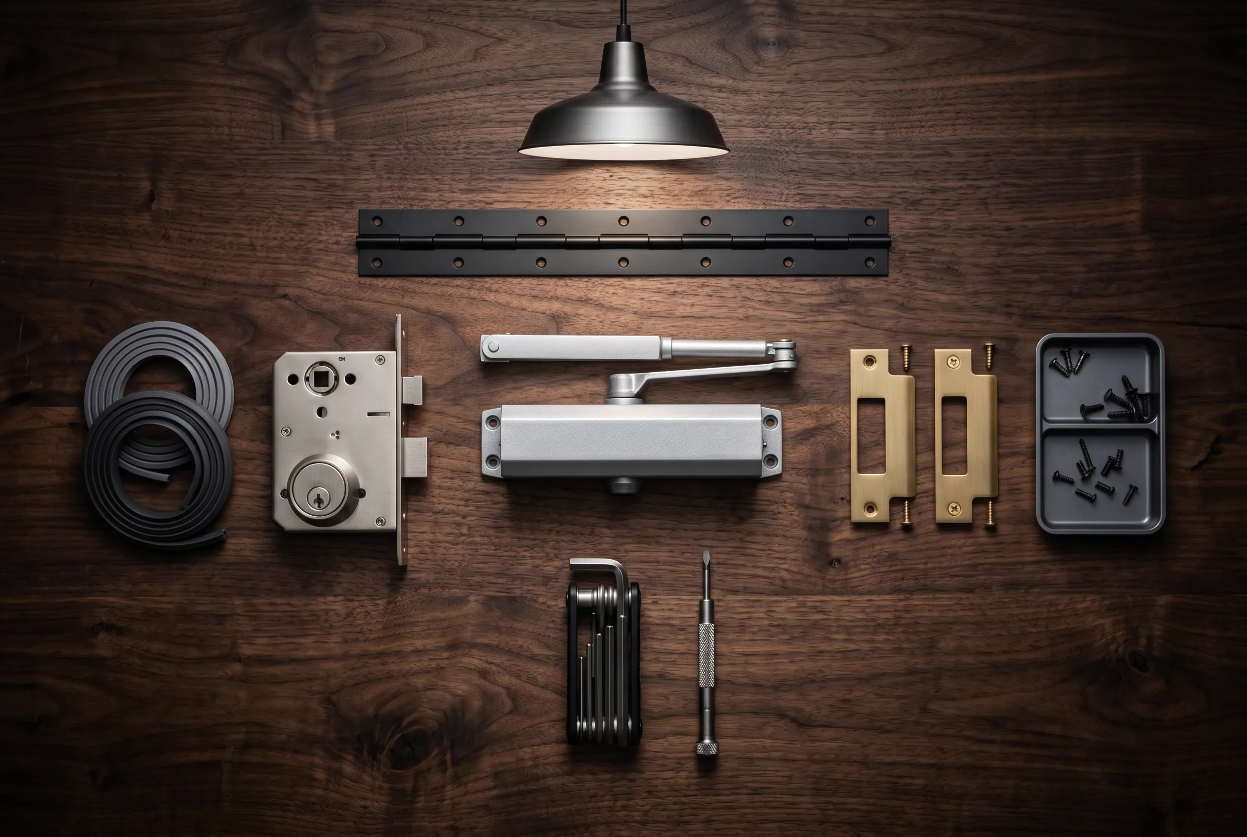 Flat-lay of commercial door hardware components on a dark wood workbench — hinges, lockset, strike plates, closer, tools — overhead pendant light